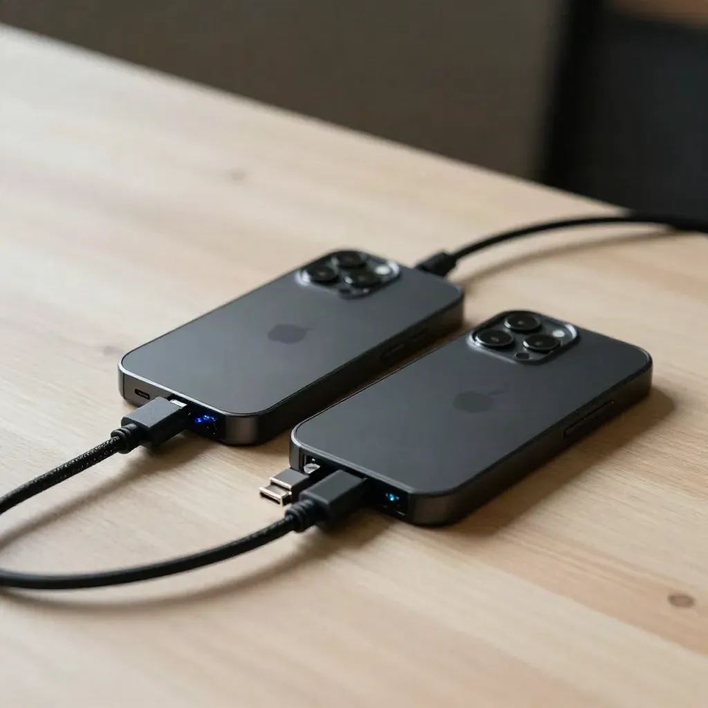Black phone shells, network switch and braided leads on pale wood with a blue status glow