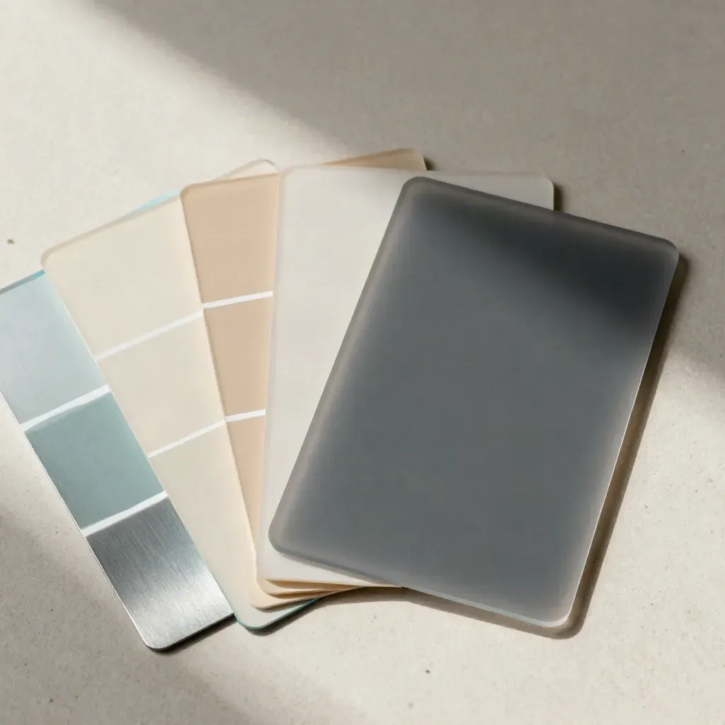 Colour chips, frosted layout cards and a metal sample strip on stone