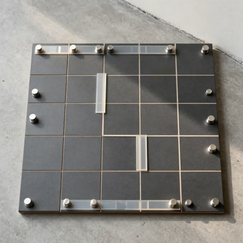 Overhead planning tiles and silver route pegs forming a simple website map on a graphite grid board.