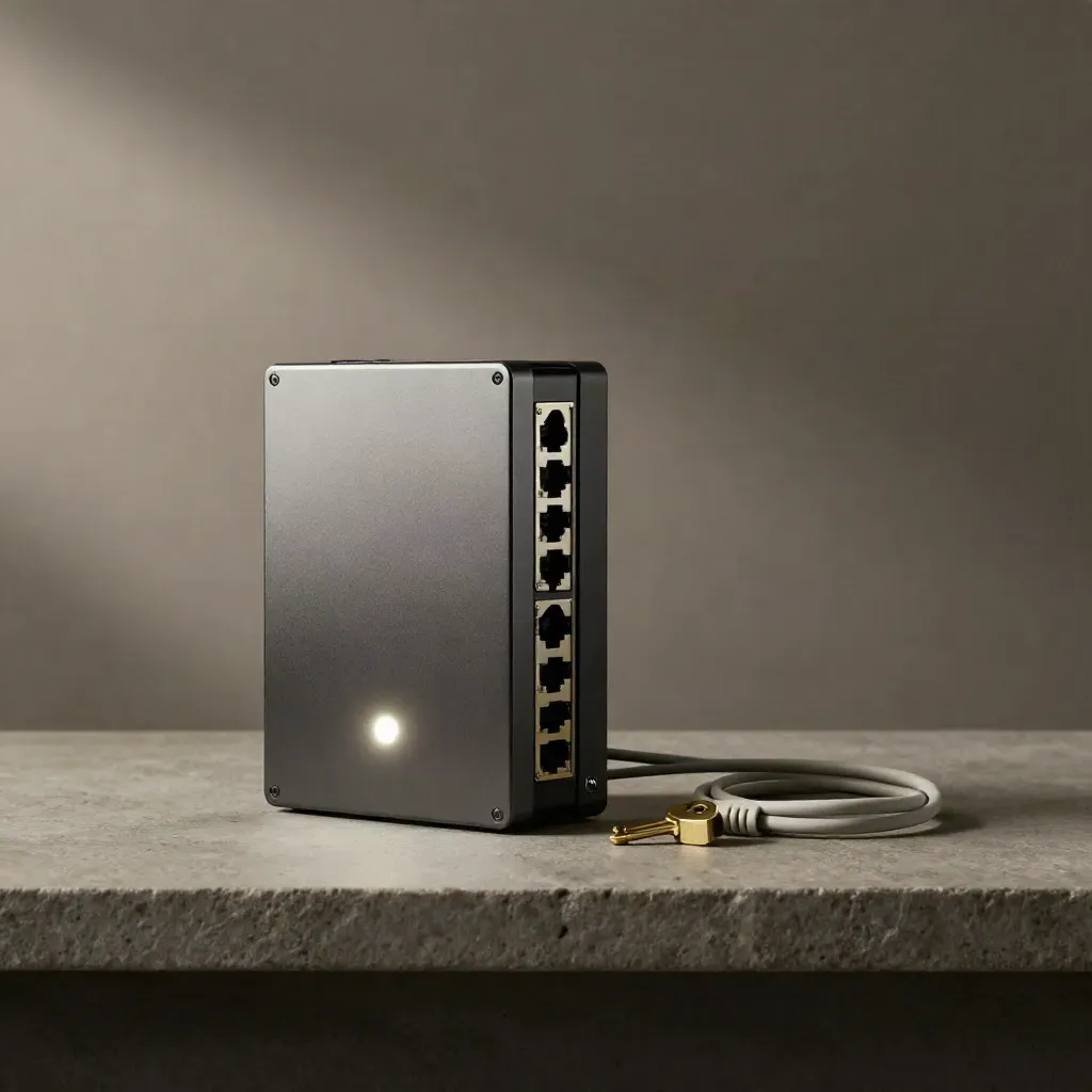 Backup drive, patch panel, status light and cable loop on a stone shelf