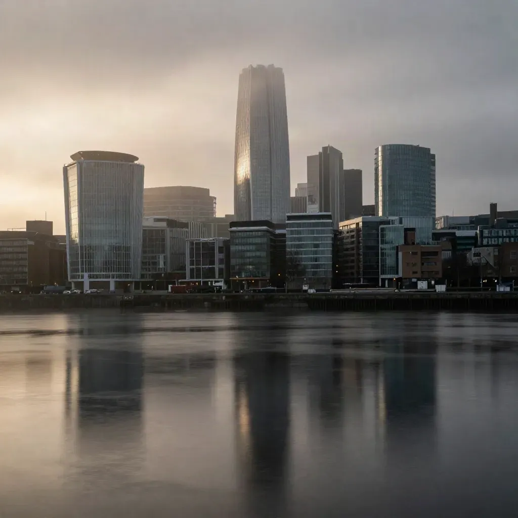 Greater Manchester skyline at sunrise over misty rain-dark water, with Beetham Tower and Salford Quays.