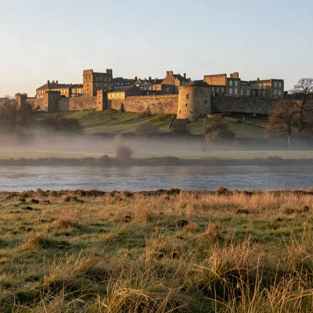 Chester sandstone walls above the Dee with meadow and mist at golden hour