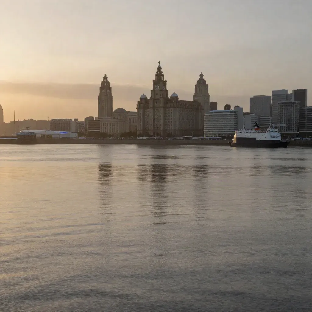 Dusk Mersey waterfront with the Liver Building high above calm water and deep haze.