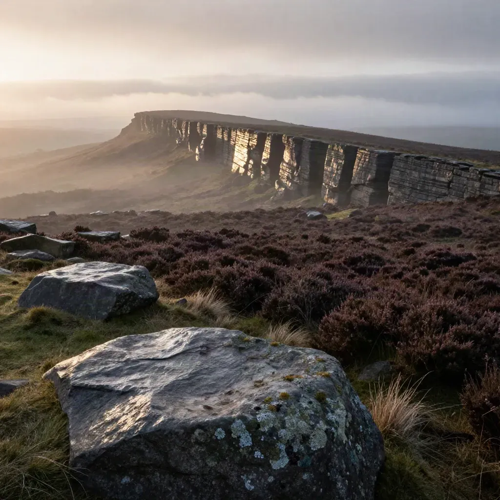 Sunrise over a West Yorkshire gritstone ridge above misty heather moorland