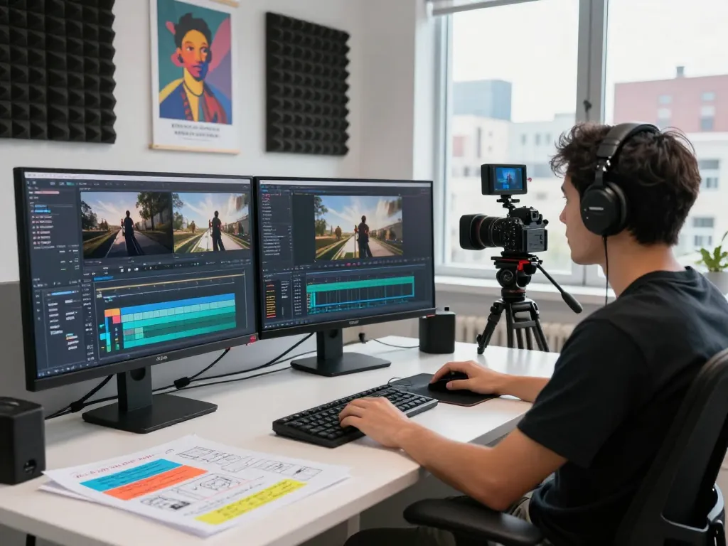 Video to prompt ai generator in a modern editing studio with dual monitors analyzing video content for precise AI prompts.