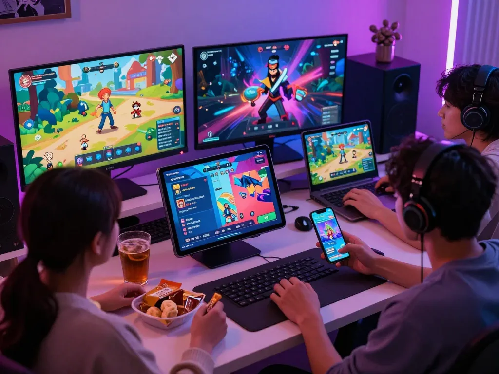Engaging players exploring a porngame visual novel on various devices in a lively gaming setup.