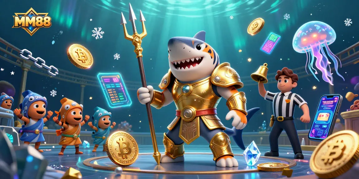 Engage with MM88's thrilling underwater casino experience featuring a golden shark gladiator and crypto elements.