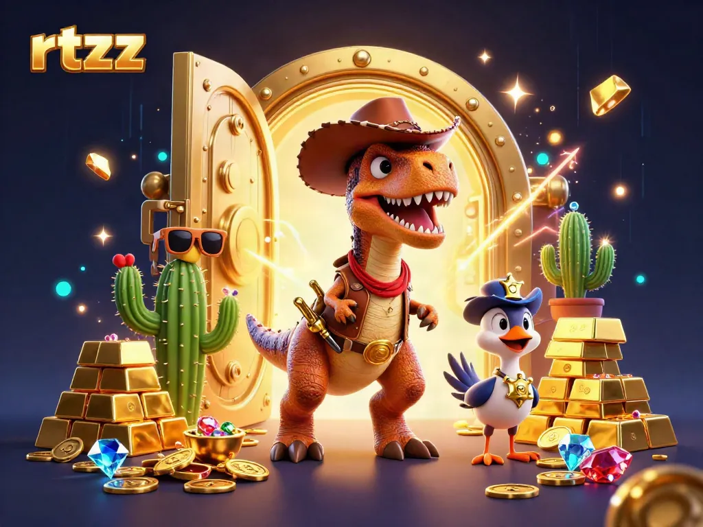 Experience thrilling adventure in rtzz with a cartoon T-Rex cowboy, gold treasures, and dynamic energy!