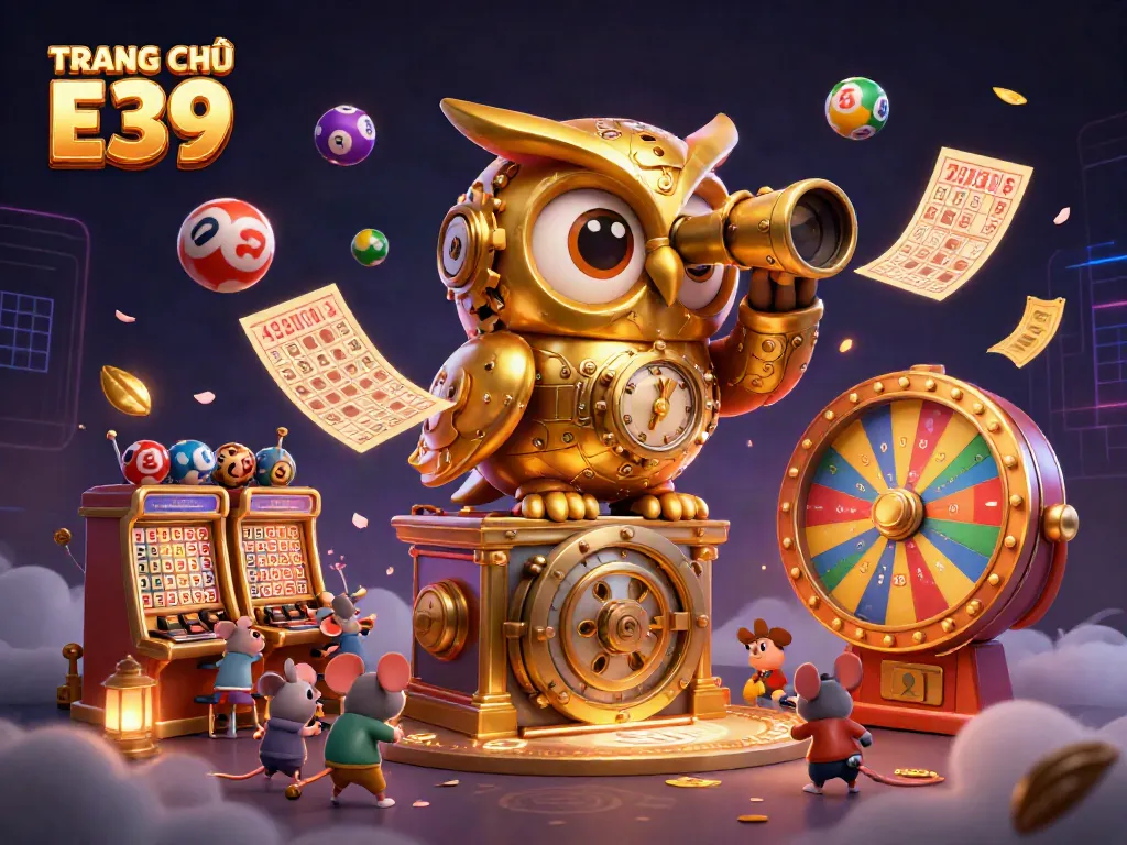 Experience TRANG CHỦ E39 with a vibrant 3D casino scene featuring a golden owl and lively game elements.