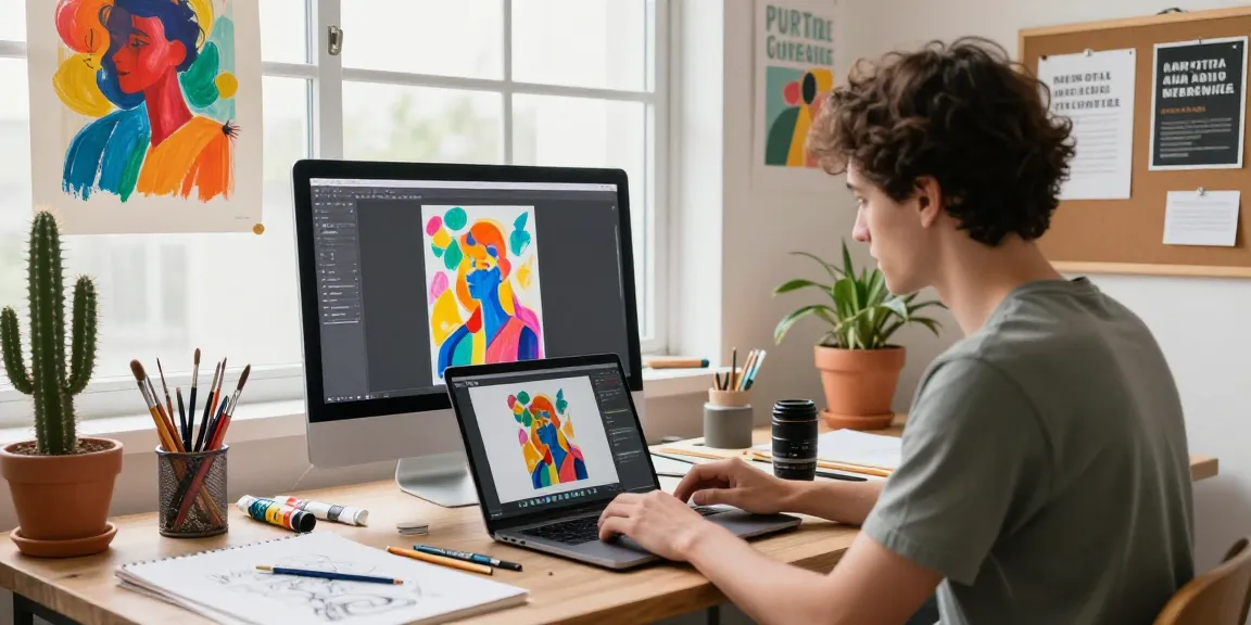 Artist utilizing an image to prompt generator in a bright studio full of art supplies and colorful artwork.