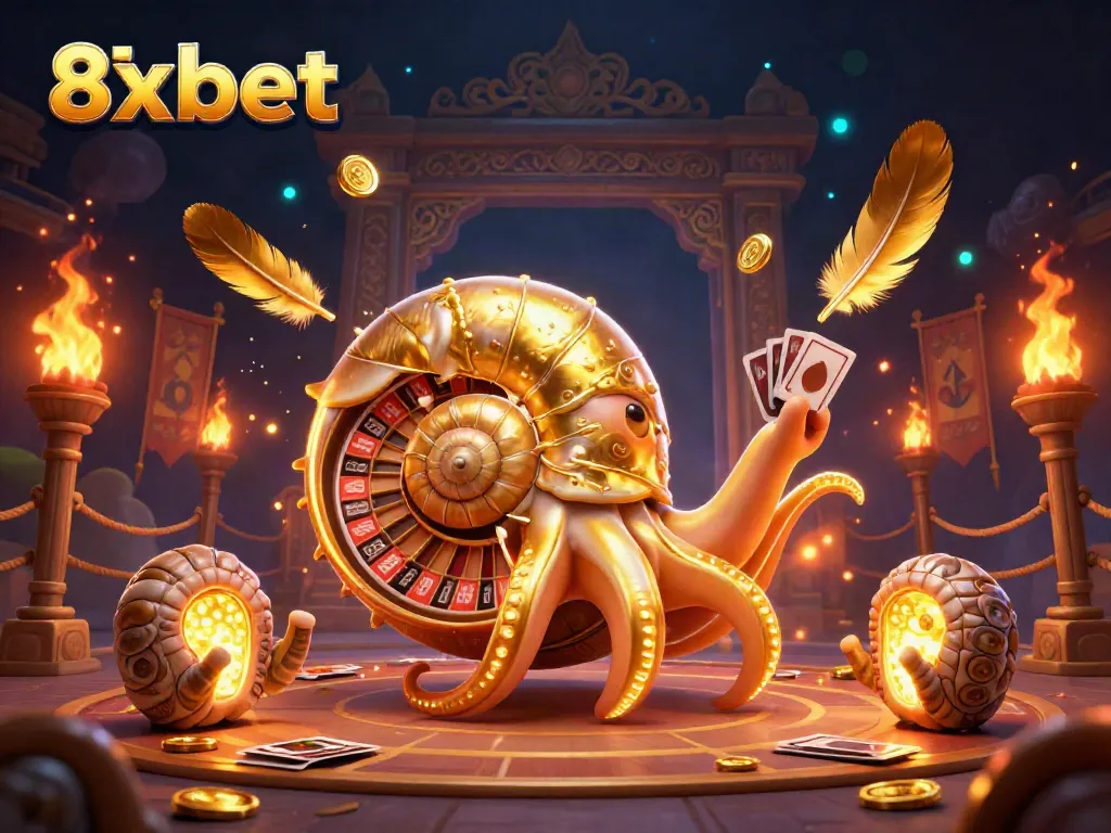 Experience thrilling gaming with 8xbet, showcasing an ancient nautilus roulette surrounded by glowing treasures.