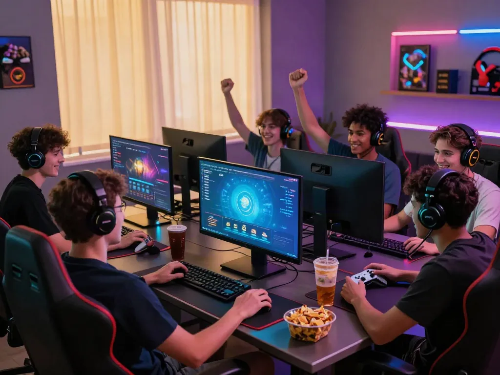 Excited gamers enjoying 9bet đăng nhập in a vibrant, modern gaming environment.