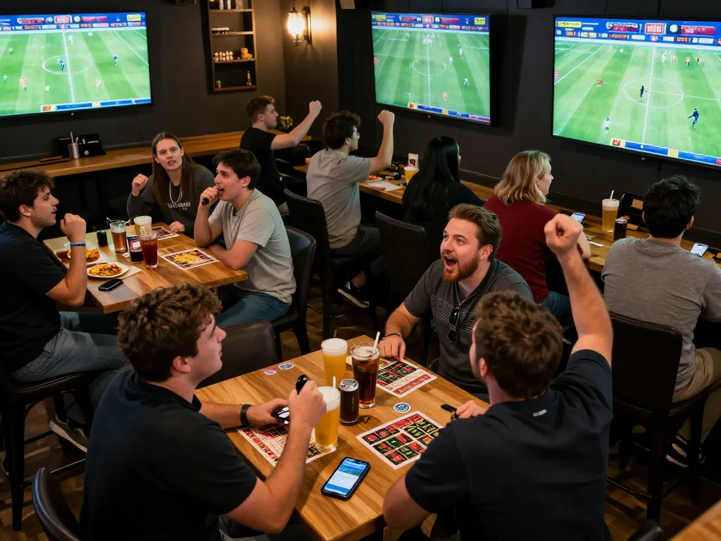 KQBD enthusiasts placing bets while enjoying live football matches in a sports bar setting