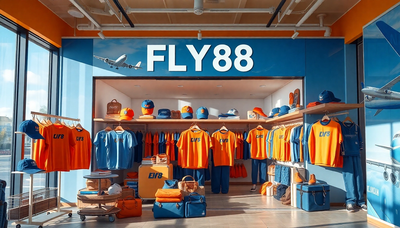 FLY88 aviation-inspired apparel displayed in a vibrant store setting, showcasing stylish clothing and accessories.