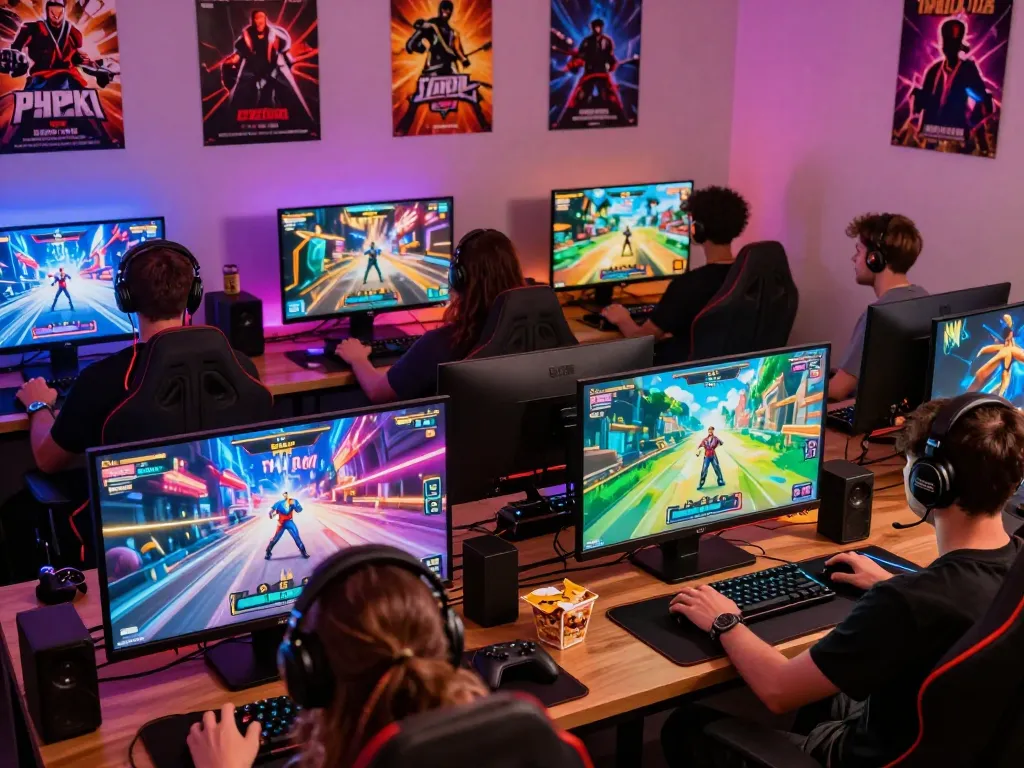 Players enjoying real porn games in a vibrant gaming lounge with interactive graphics.