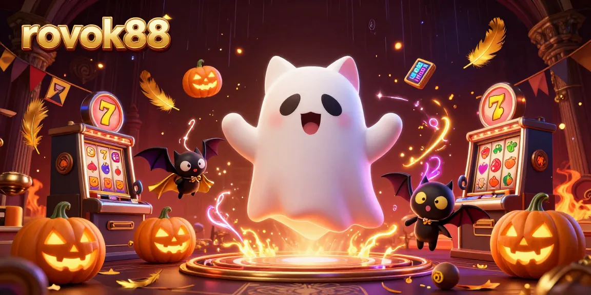 Engage with the vibrant world of rokok88 as a friendly ghost cat floats through a haunted mansion filled with slot machines.