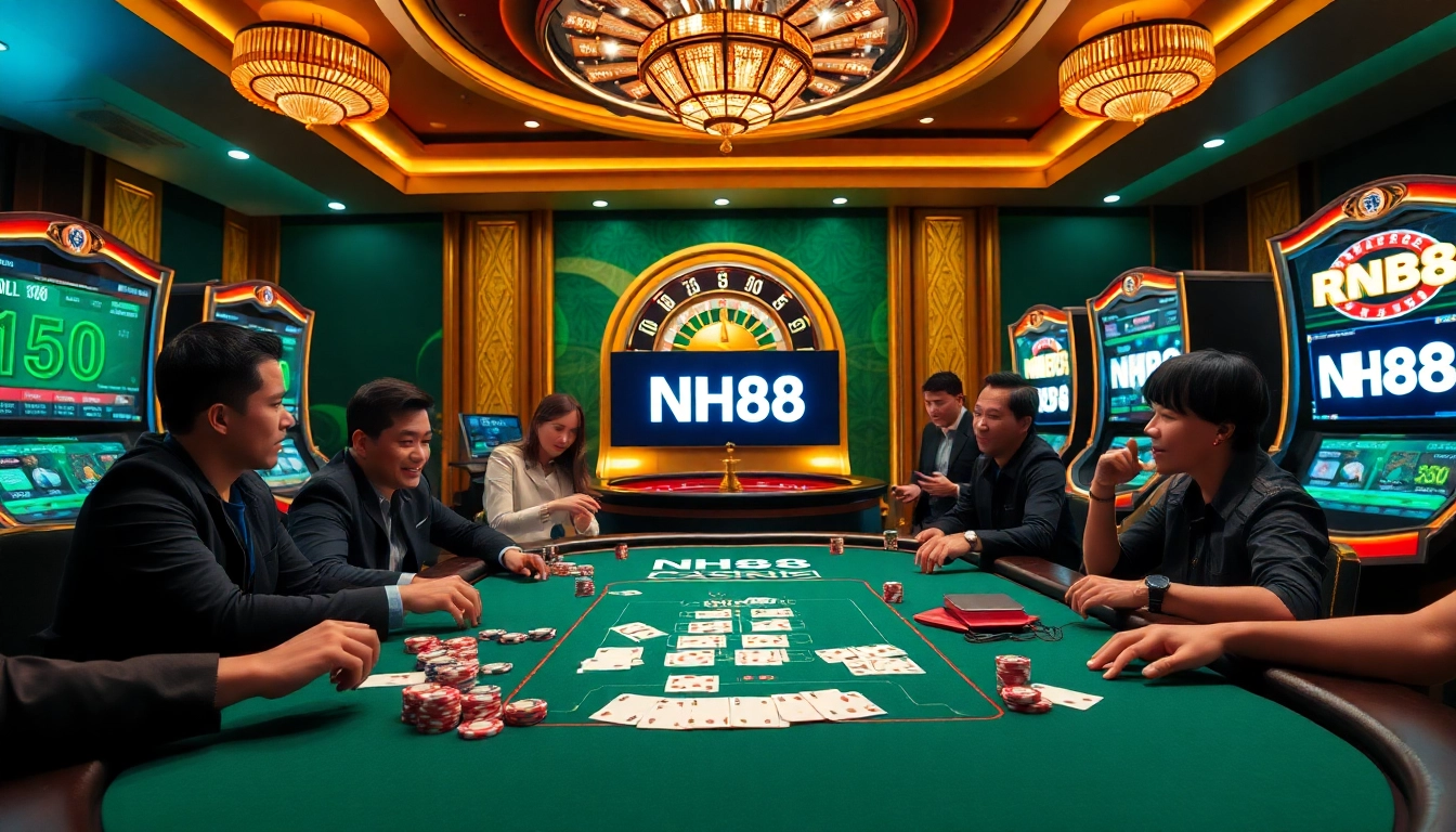 Experience the thrill of exciting casino games at NH88, showcasing vibrant poker and roulette scenes.