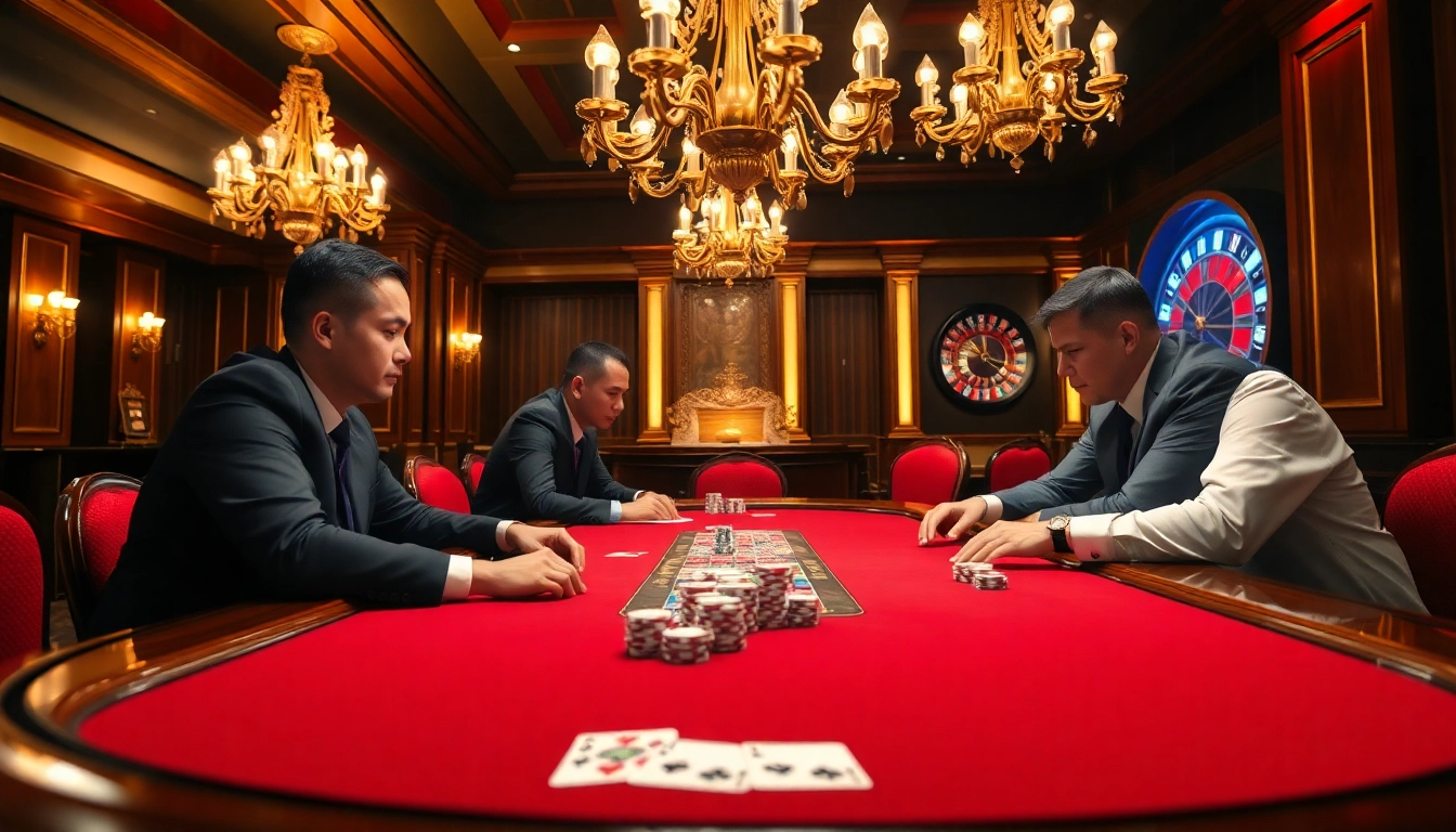 A vibrant poker game in a luxurious casino atmosphere at https://kjc.money with colorful chips and elegant lighting.