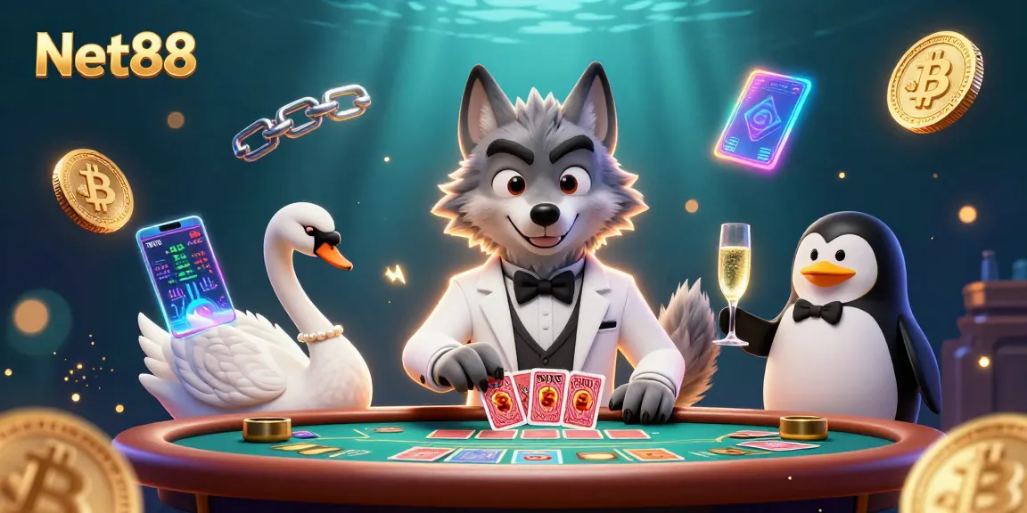 Net88 showcases a vibrant baccarat scene with unique characters and cryptocurrency elements for an engaging gaming experience.