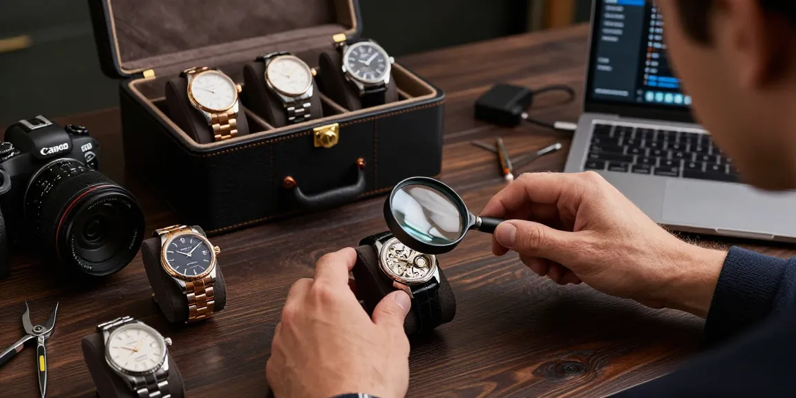 Examining clone watches on a wooden table with elegant details.
