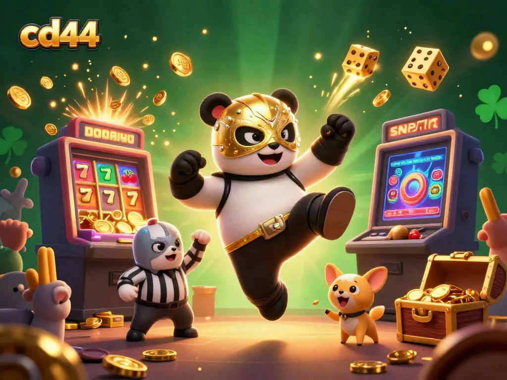 Experience the excitement of cd44 with a lively casino scene featuring a panda wrestler and playful animal spectators.