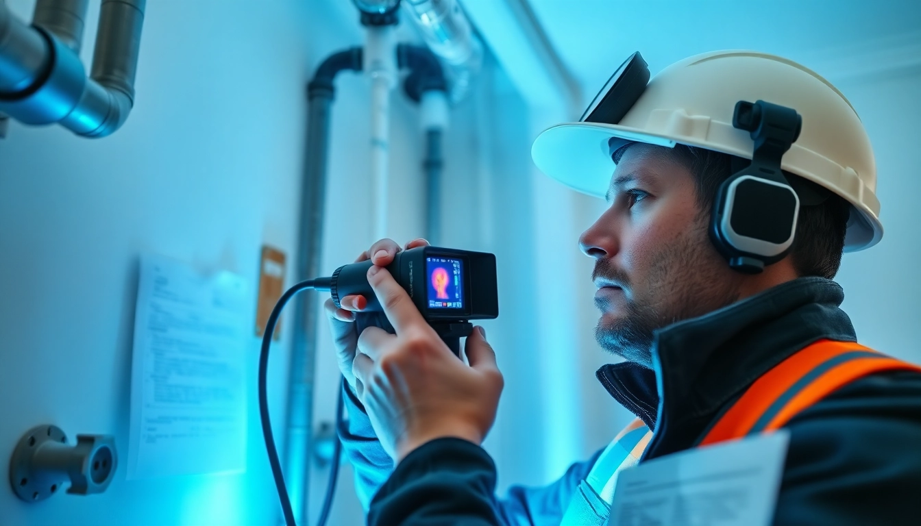 Leak detection technician using advanced tools in a home setting to locate plumbing issues.