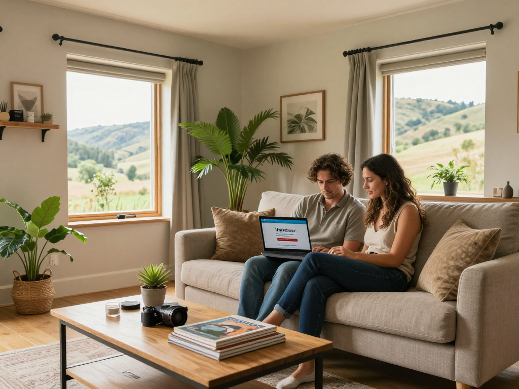 Holiday let management company providing a stylish living room scene with a couple relaxing and browsing listings.