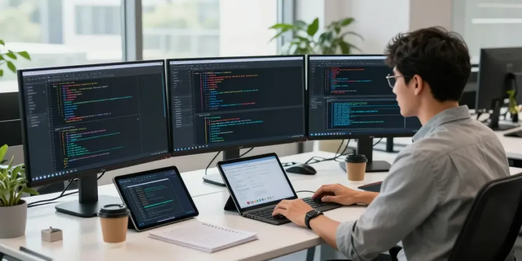 Developer utilizing LLM API provider integration at a stylish workspace with multiple screens.