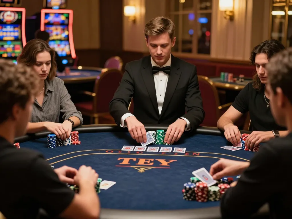 Players strategizing during a Texas Hold'em game at rokok88 casino table, showcasing excitement and skilled gameplay.