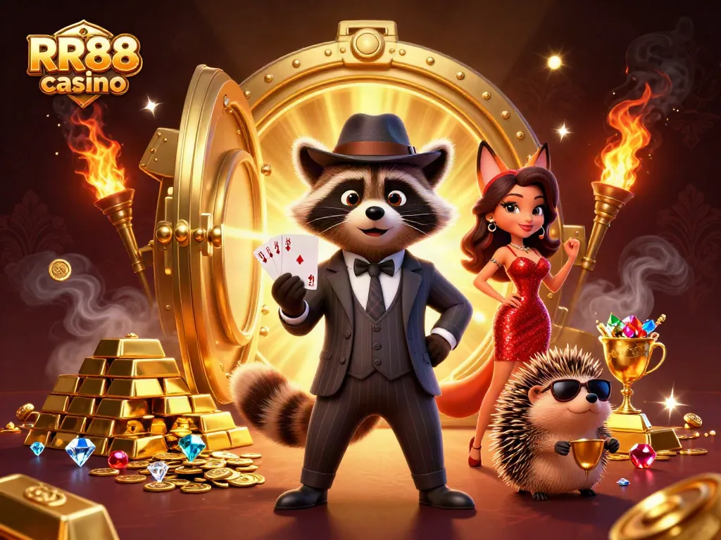 Win big at RR88 casino with an exciting gambling scene featuring vibrant characters and treasure!