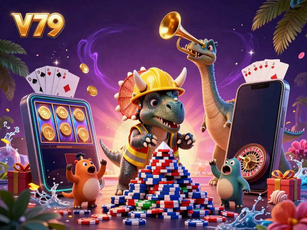 Witness thrilling gameplay at V79 with a triceratops building poker chip towers amid excitement!