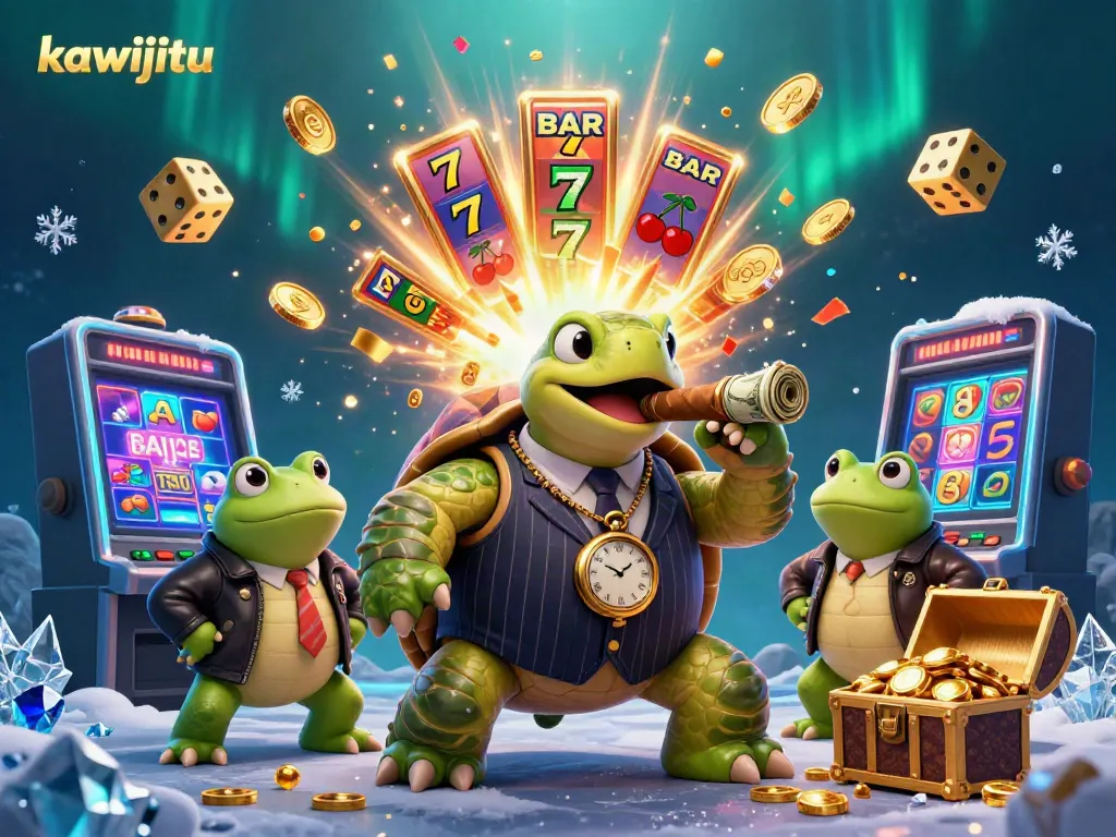 Kawijitu showcases a vibrant casino scene with a snapping turtle and bullfrog enforcers amidst jackpot excitement.