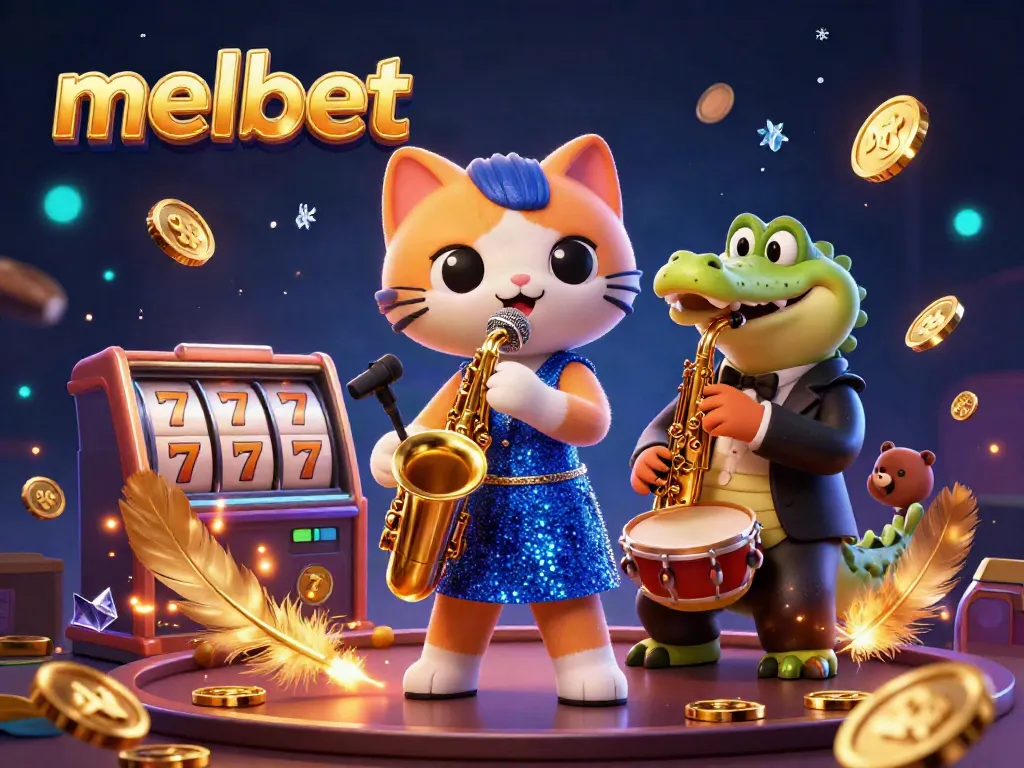Experience the thrill of melbet with a lively casino scene featuring a jazz-singer cat, a crocodile, and a bear, all amidst dynamic gambling elements.