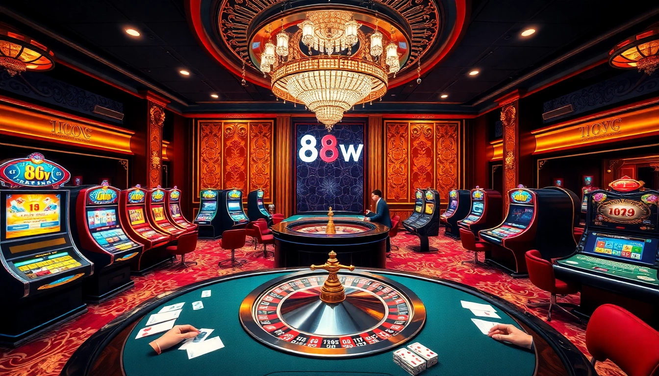 Engage in excitement at the 88vv casino with vibrant tables, slot machines, and roulette.