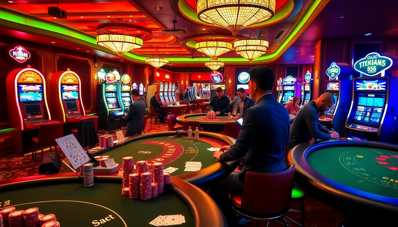 Experience high-stakes excitement at FB 88 casino with vibrant gameplay featuring poker tables and lively dealers.