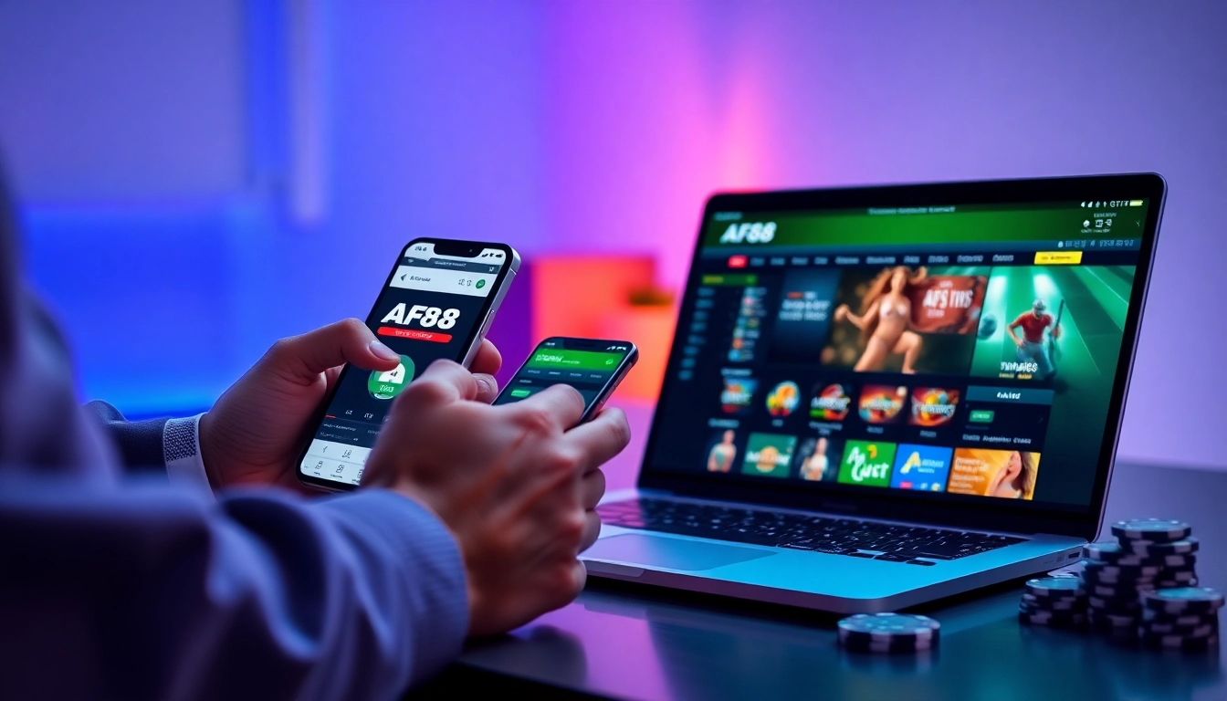 Engaging online betting scene featuring AF88 com platform on mobile and laptop.