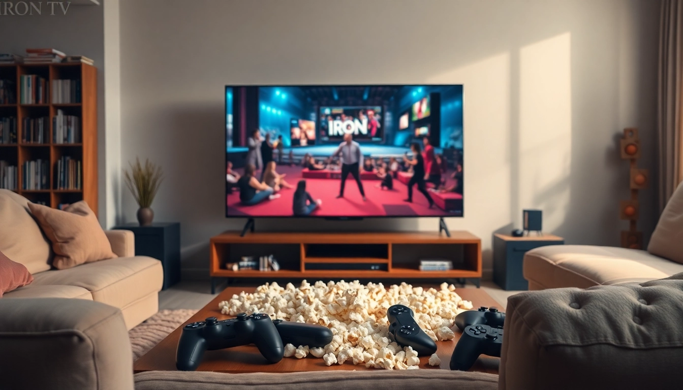 Enjoy interactive entertainment with Iron TV in a cozy living room setting.