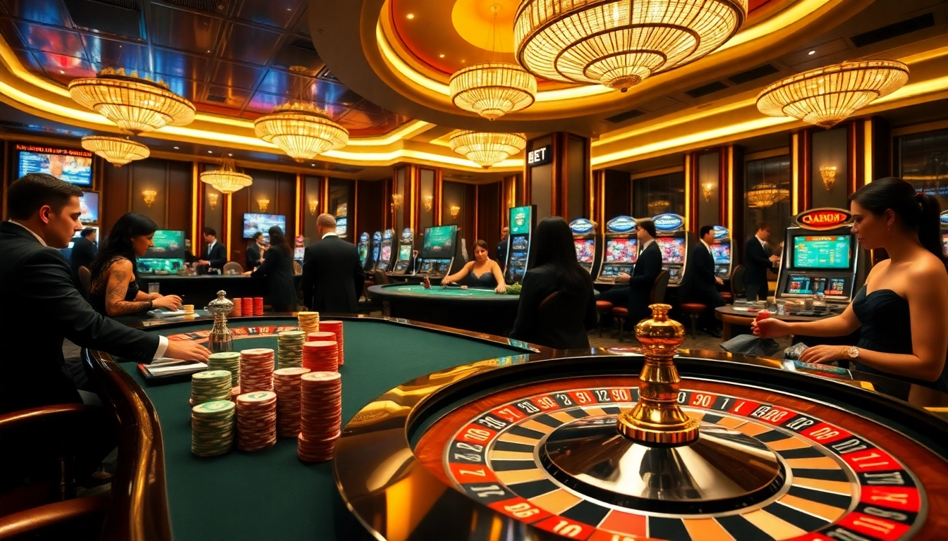 Experience excitement at https://usbet.lat/ with a luxurious casino scene showcasing poker tables and roulette.