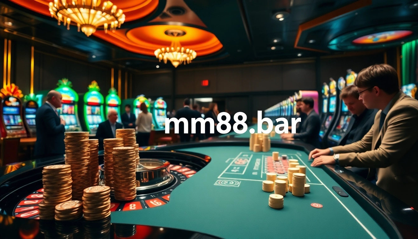 Experience thrilling games at https://mm88.bar/, featuring a vibrant casino environment filled with roulette and slots.