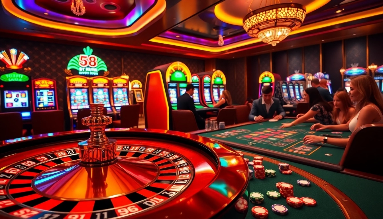Players enjoying high-stakes games at the luxurious S8 casino with vibrant roulette wheels and colorful chips.