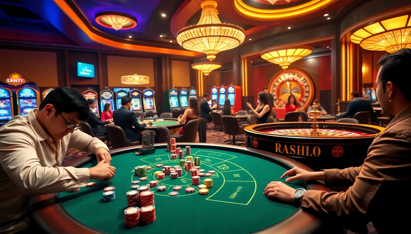 A thrilling casino atmosphere showcasing poker and roulette at https://jun88buzz.info/, highlighting vibrant games and excited gamblers.