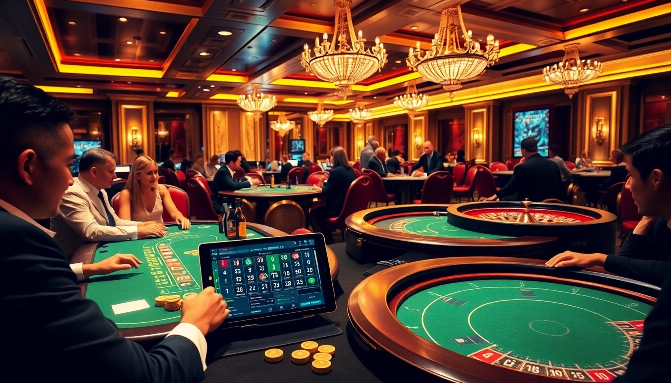 Gambers enjoying table games and online betting at https://f8bet.dental/ with professional atmosphere.