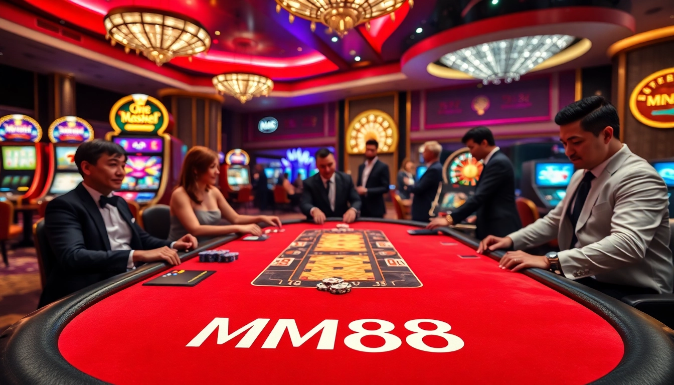 Experience the thrill of MM88 gaming with vibrant poker action in a luxurious casino setting.