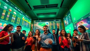 Dynamic online betting scene at https://789ff.biz/ with enthusiastic players, colorful games, and digital screens.