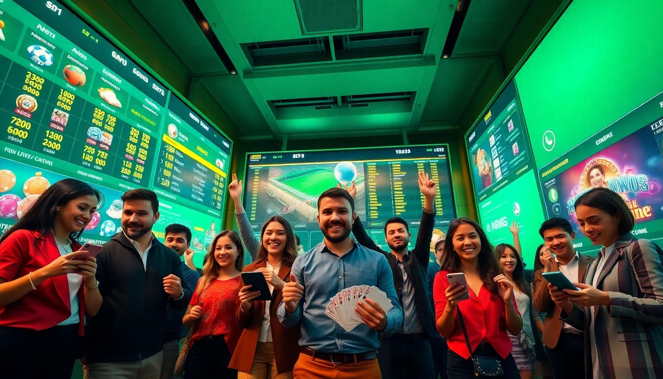 Dynamic online betting scene at https://789ff.biz/ with enthusiastic players, colorful games, and digital screens.