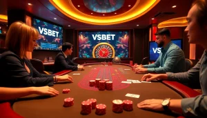 Exciting VSBET casino experience with players at a blackjack table and roulette wheel.