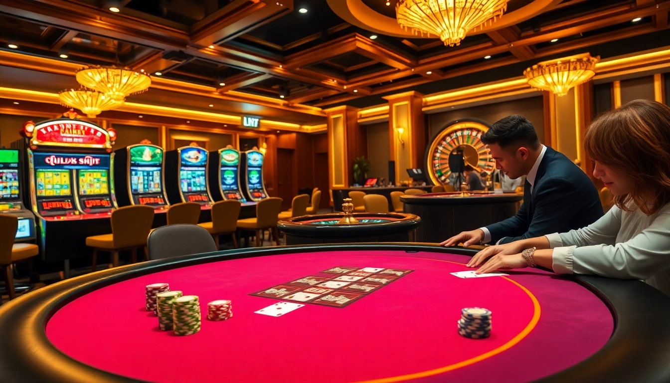 Exciting gameplay at poker and slot machines at https://hb88.jp.net/, showcasing a vibrant casino atmosphere.