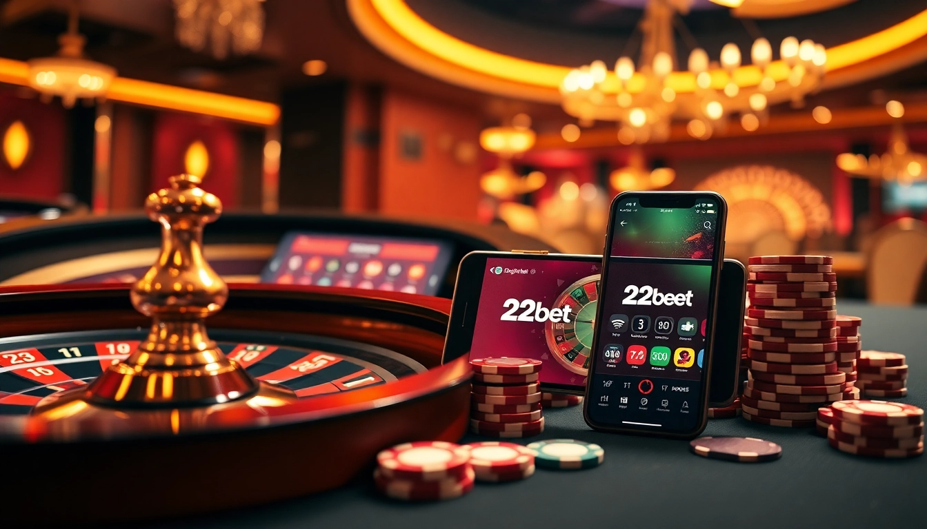 Gamblers enjoying a thrilling experience with 12bet on mobile devices at a luxurious casino.