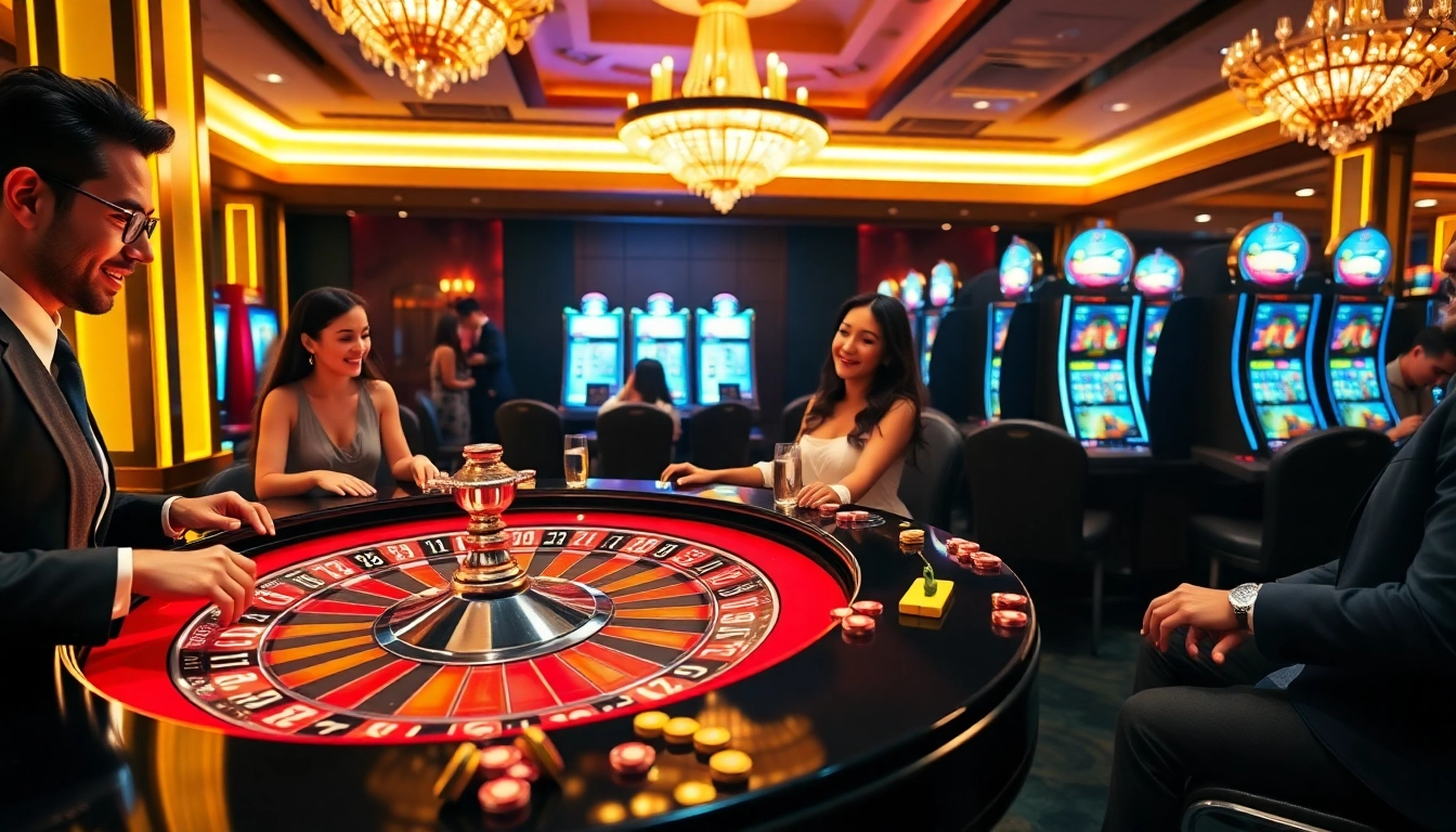 Hello88 players strategizing at a luxury casino table filled with chips and cards.