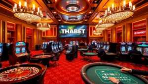 Engaging players at THABET Casino with vibrant slot machines and elegant roulette wheels.